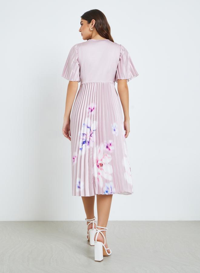 Styli Women Pink Floral Pleated Wrap Midi Dress - Image 4